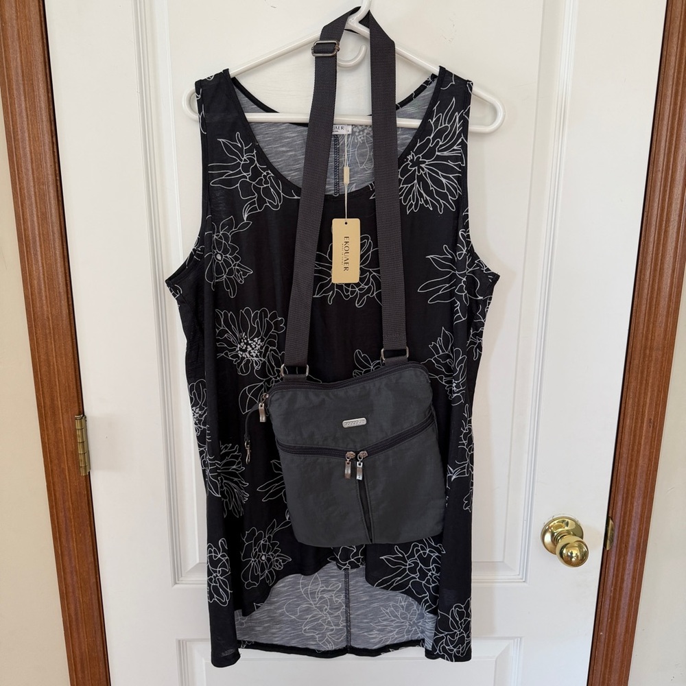 SET! Womens XL Black Floral Dress/Cover Up + Baggallini Gray/Pink Crossbody